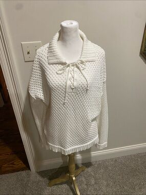 Cyrus White Lace-Up Collar Open Knit Sweater